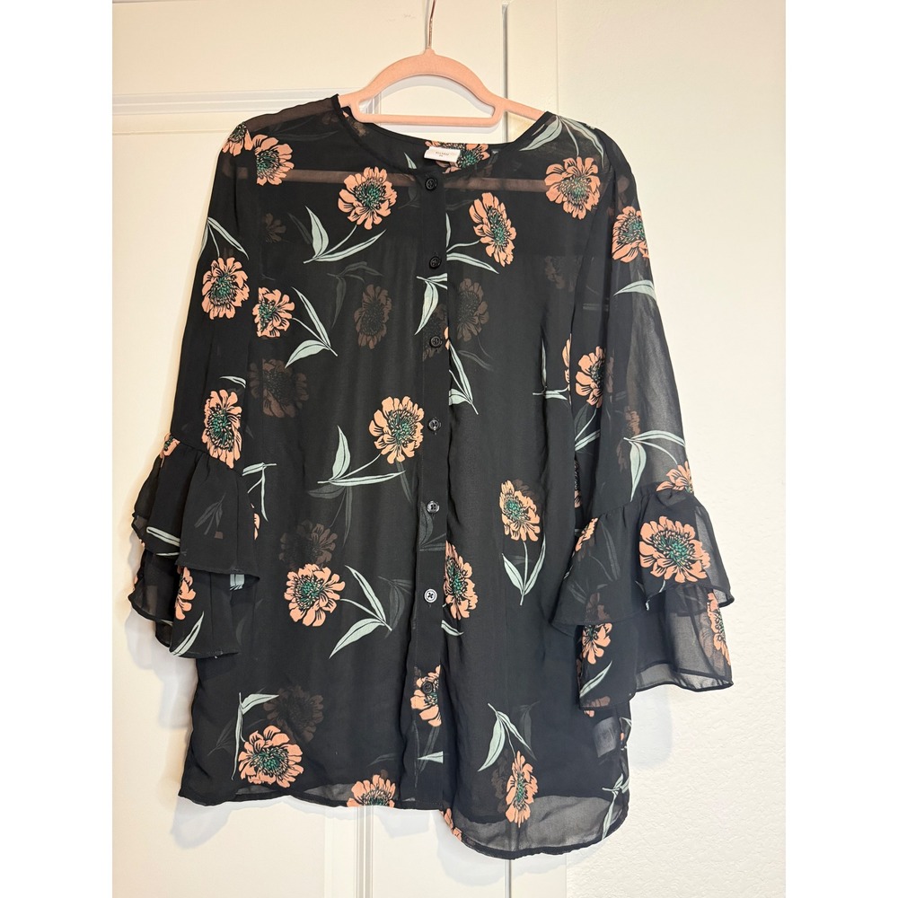 Cabi Floral Sheer Button Down Blouse Black Peach Ruffle Bell Sleeve Top Medium